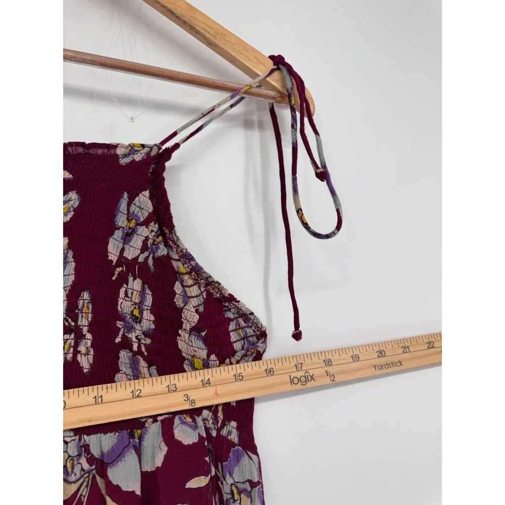 Free People Garden Party Maxi Dress Women M Burgundy Floral Smocked Boho Cottage